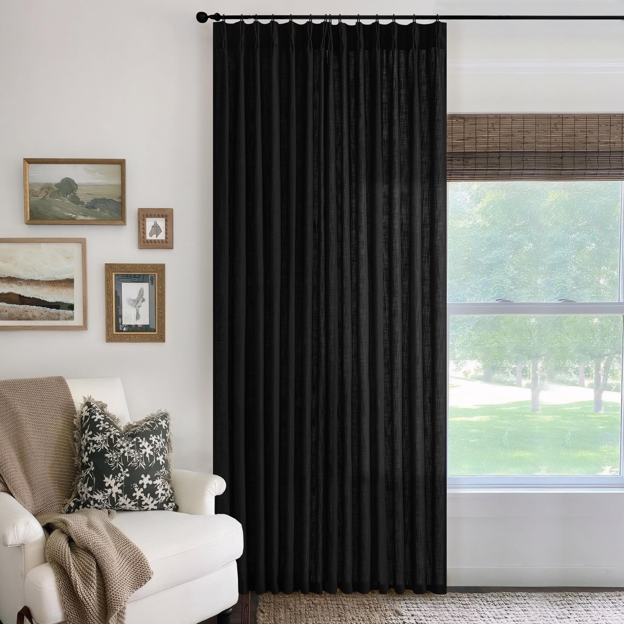 Photo 1 of Black 70 Inch Wide Curtains 96 Inches Long for Living Room Light Filtering Semi Sheer Modern Farmhouse Pleated Curtain with Hooks Rings Ceiling Track Patio Sliding Door Large Window Black 1 Panel