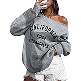 SOFIA'S CHOICE Women's Off Shoulder Sweatshirt Letter Graphic Oversized Long Sleeve Shirt Pullover