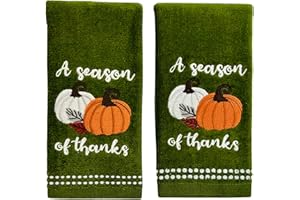 SERAFINA HOME Fall Fingertip Bathroom Towels Set of 2 Green 100% Cotton Embroidered “A Season of Thanks” Pumpkin Design – 12" x 18" Decorative Bath & Kitchen Towels