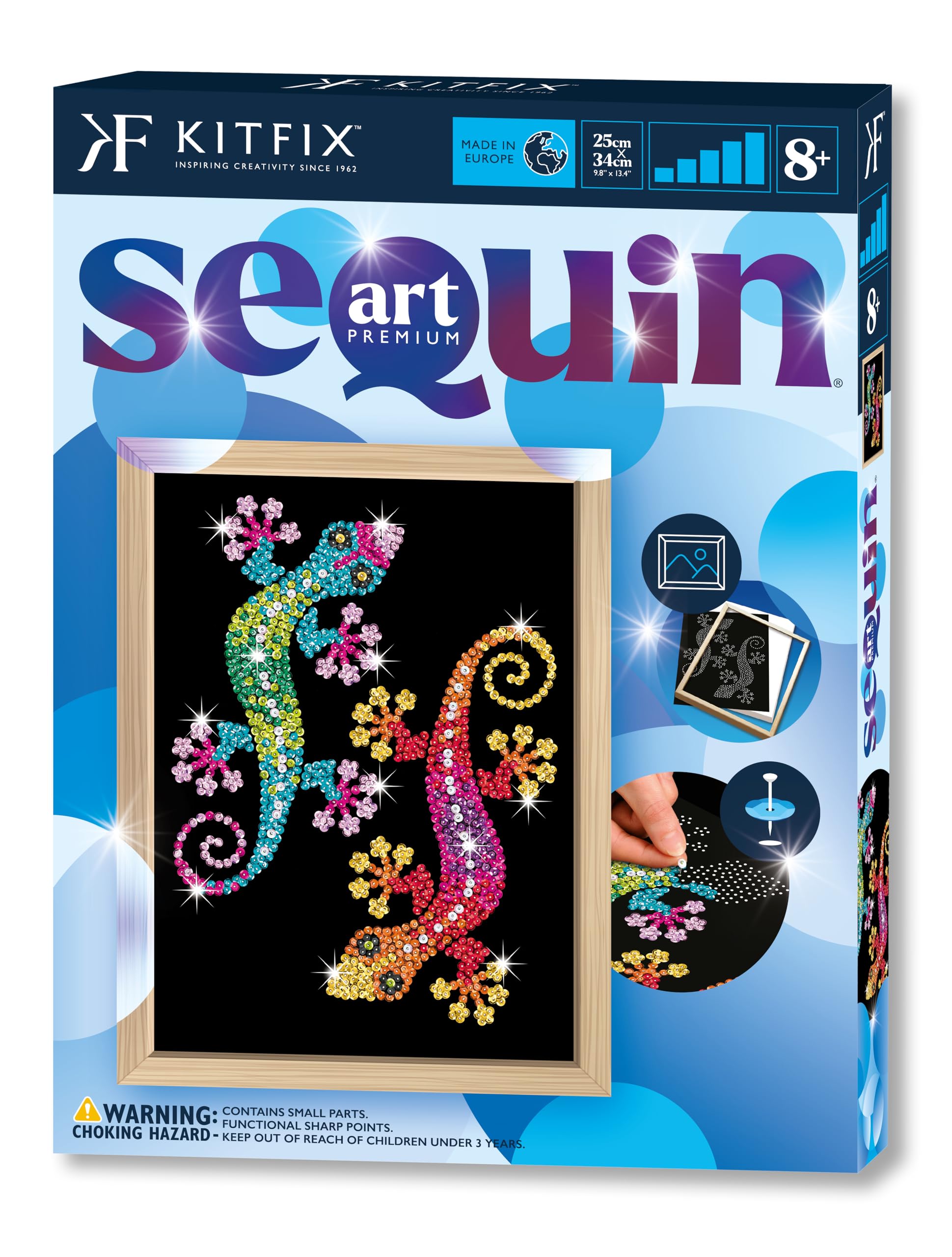 Kitfix - Sequin Art Geckos with Wooden Frame - 27 x 36cm - Sequin Art Blue Premium - Creative Set - Craft Kit for Adults, Teenagers and Children Aged 8+ - 1931