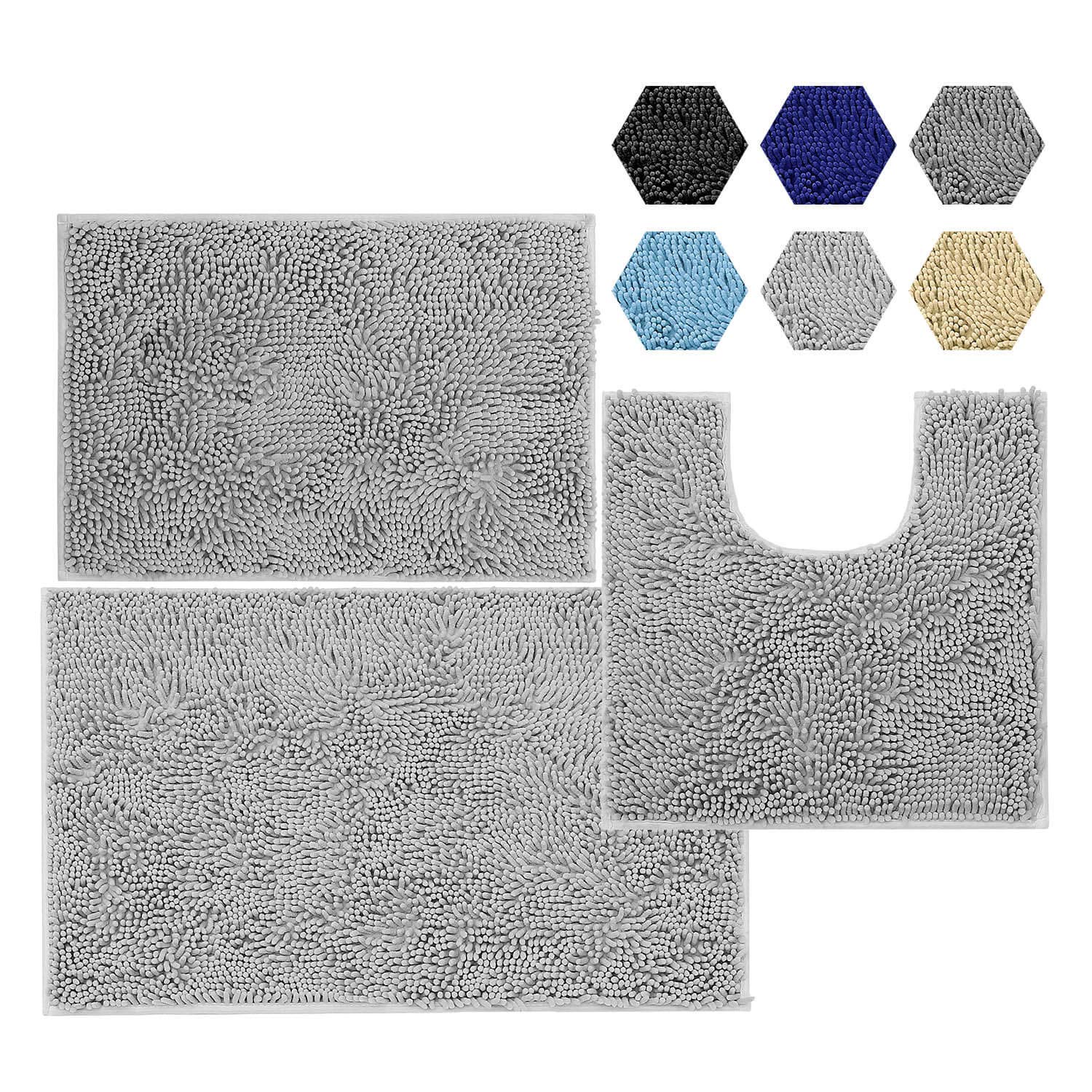 KINMEGO 3 Pieces Bathroom Rugs Set, Super Absorbent Luxury Shaggy Chenille Bath Mats Set, Durable Soft Bath Rugs Non Slip Washable for Tub, Shower, Bathroom (Long, Light Grey)