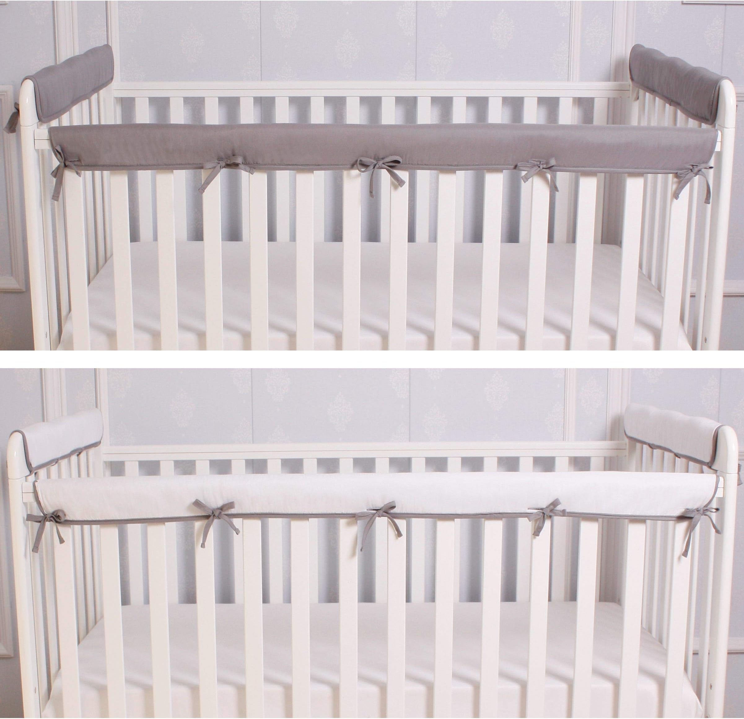 CaSaJa 3 Pieces Reversible Microfiber Crib Rail Cover Set for 1 Front Rail and 2 Side Rails, Soft Batting Inner for Baby Teething Guard, Gray or White, Fits Up to 8 inches Around or 4 inches Folded