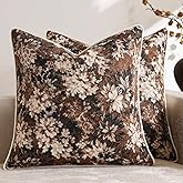 DEZENE Pack of 2 Vintage Floral Throw Pillow Covers 20x20 Boho Farmhouse Accents Chenille Square Decorative Pillow Cases for Living Room Couch Bed Home Decor, Dark Brown