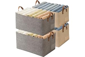 AARAINBOW 4 Pcs Closet Clothes Organizer with Handle, Closet Shelf Fabric Storage Box Steel Frame, Stackable Shelf Storage Baskets Foldable Wardrobe Storage Box for Clothes Toys, 23L (2 Gray 2 Beige)