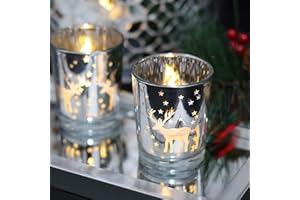 SHMILMH Silver Votive Tealight Candle Holders 12PCS Christmas Candle Holders with Carved Reindeer for Xmas Table Centerpiece Decoration