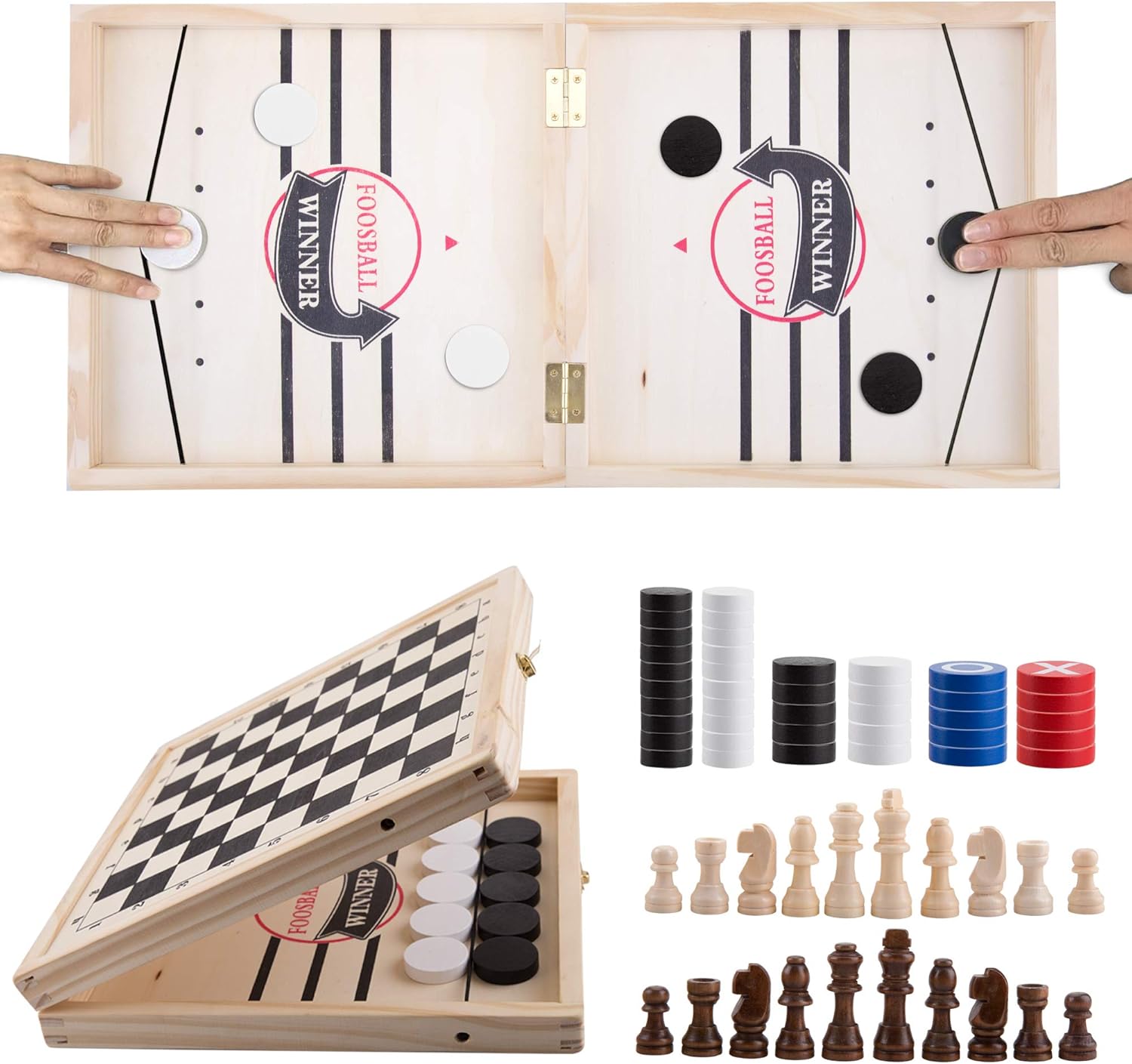 Fast Sling Puck Game,TrainYaBrain Wooden Hockey Table Football Slingshots Championship Board Game Kids and Adults,Chess Set, Checkers, Tic Tac Toe 4 in 1, Parent-Child Interaction Battle Family Toys