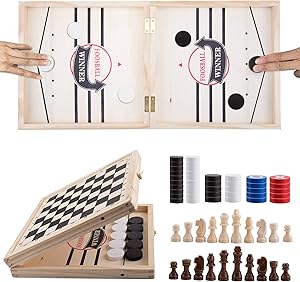 Fast Sling Puck Game,TrainYaBrain Wooden Hockey Table Football Slingshots Championship Board Game Kids and Adults,Chess Set, Checkers, Tic Tac Toe 4 in 1, Parent-Child Interaction Battle Family Toys