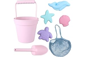 BLUE GINKGO Silicone Beach Toys - Modern Travel Friendly Set | Bucket, Shovel, 4 Sand Molds, Beach Bag | Sand Toys for Toddlers, Kids - Pink