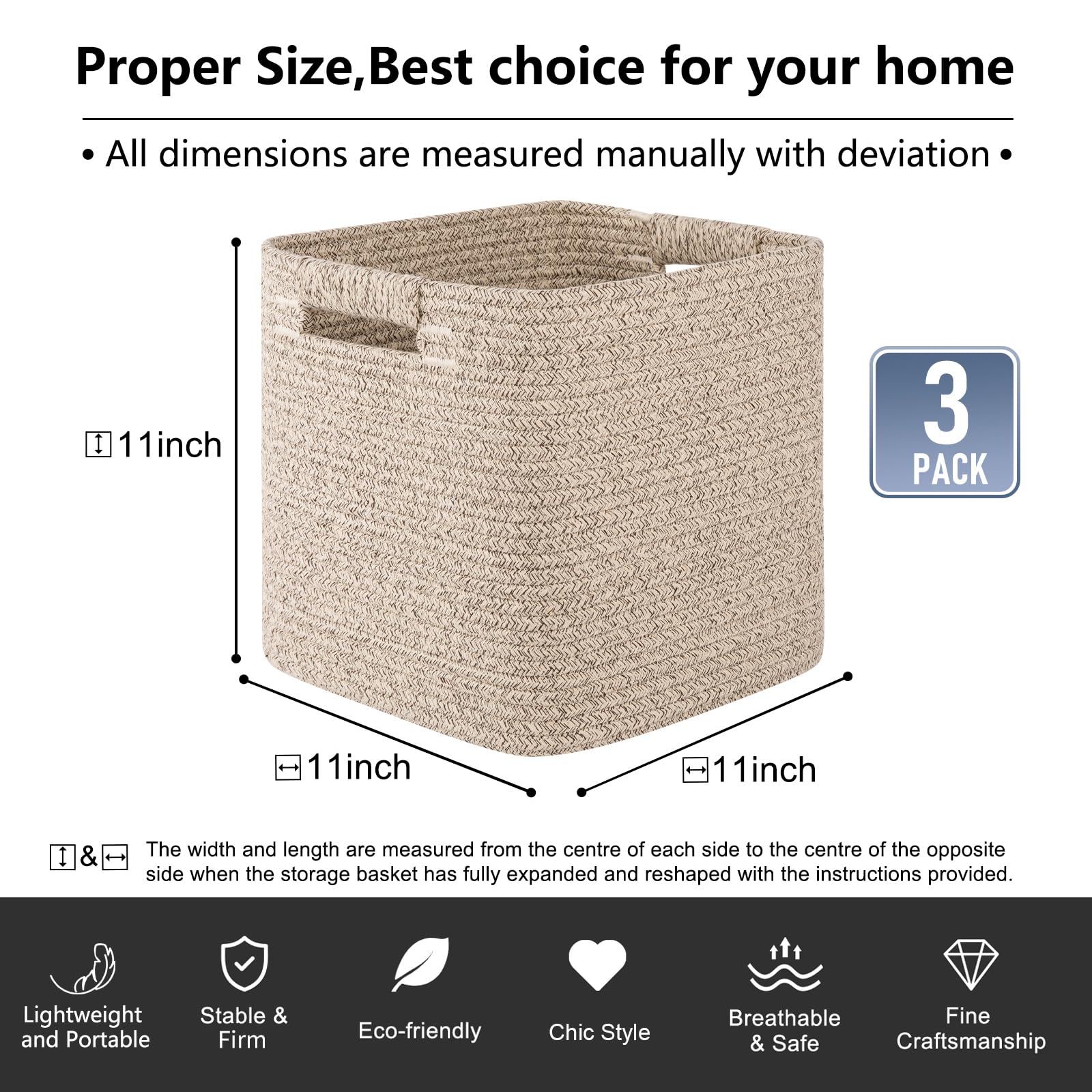 OIAHOMY Storage Cubes 11 Inch Storage Bins-3-Pack, Cotton Rope Woven Baskets for Organizing, Square Storage Baskets for Shelves Organizer, Classroom, Kids Toy Bins, Closet, Baby Nursery-Brown
