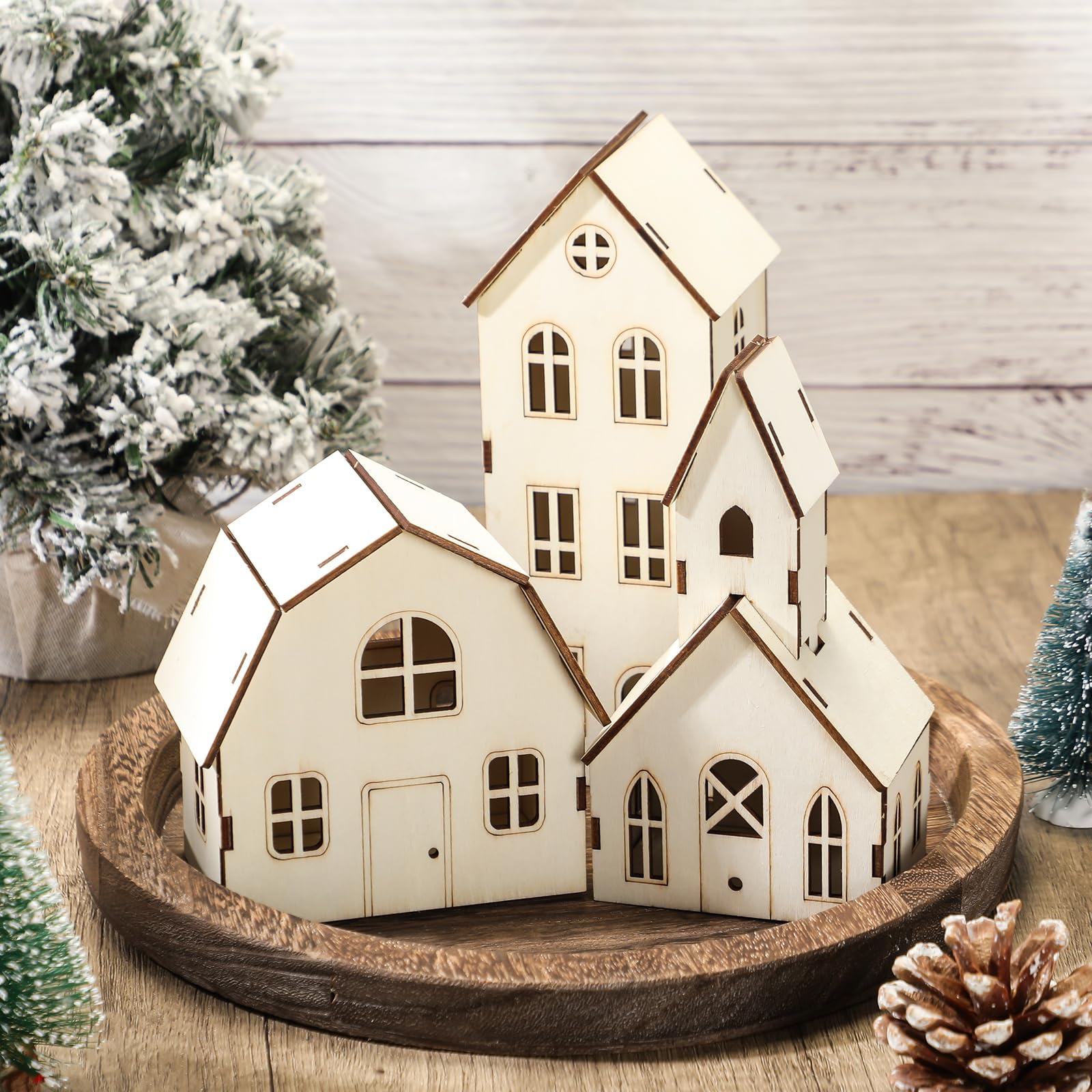 Photo 1 of Wonderjune 3 Pieces DIY Christmas Village Sets 8 Inch Large Wooden House Wood Craft Kit for Boys Girls Adult Christmas Crafts Gift for Winter Xmas Party Decorations (Cute)