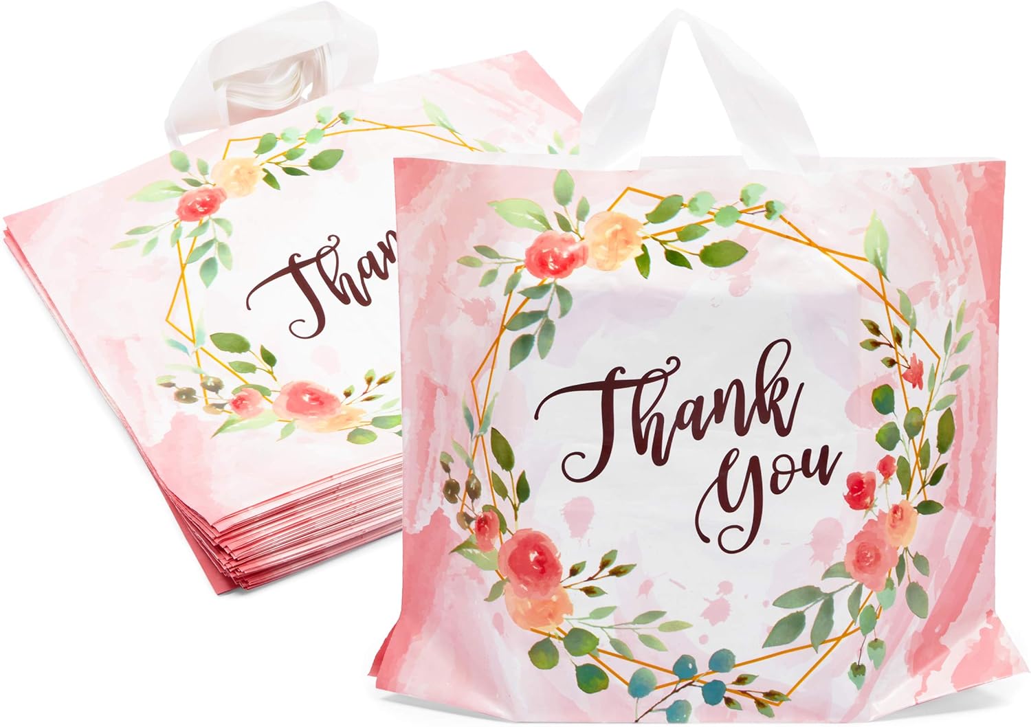 Floral Thank You Bags for Grocery Shopping, Retail (Pink