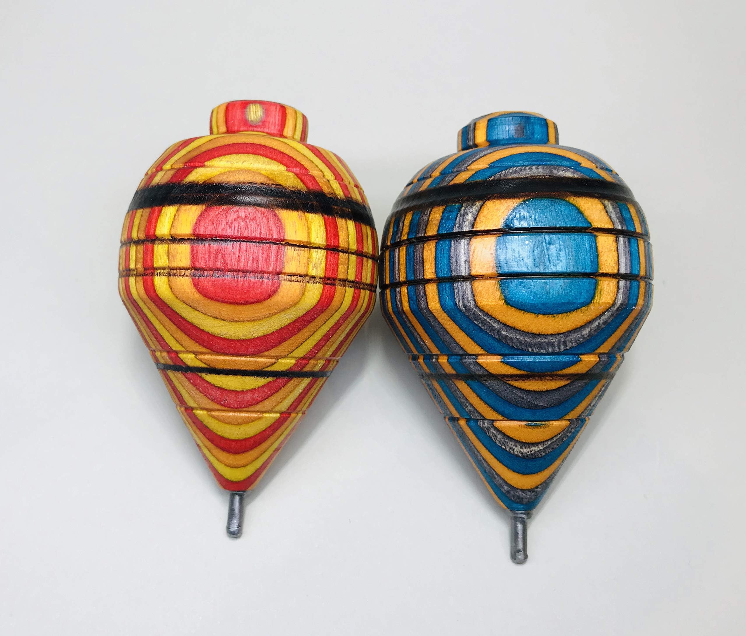 (Pack of 2) Artisan Made Spinning Tops with Strings. Tequila Sunrise and Aqua Fire Colors.