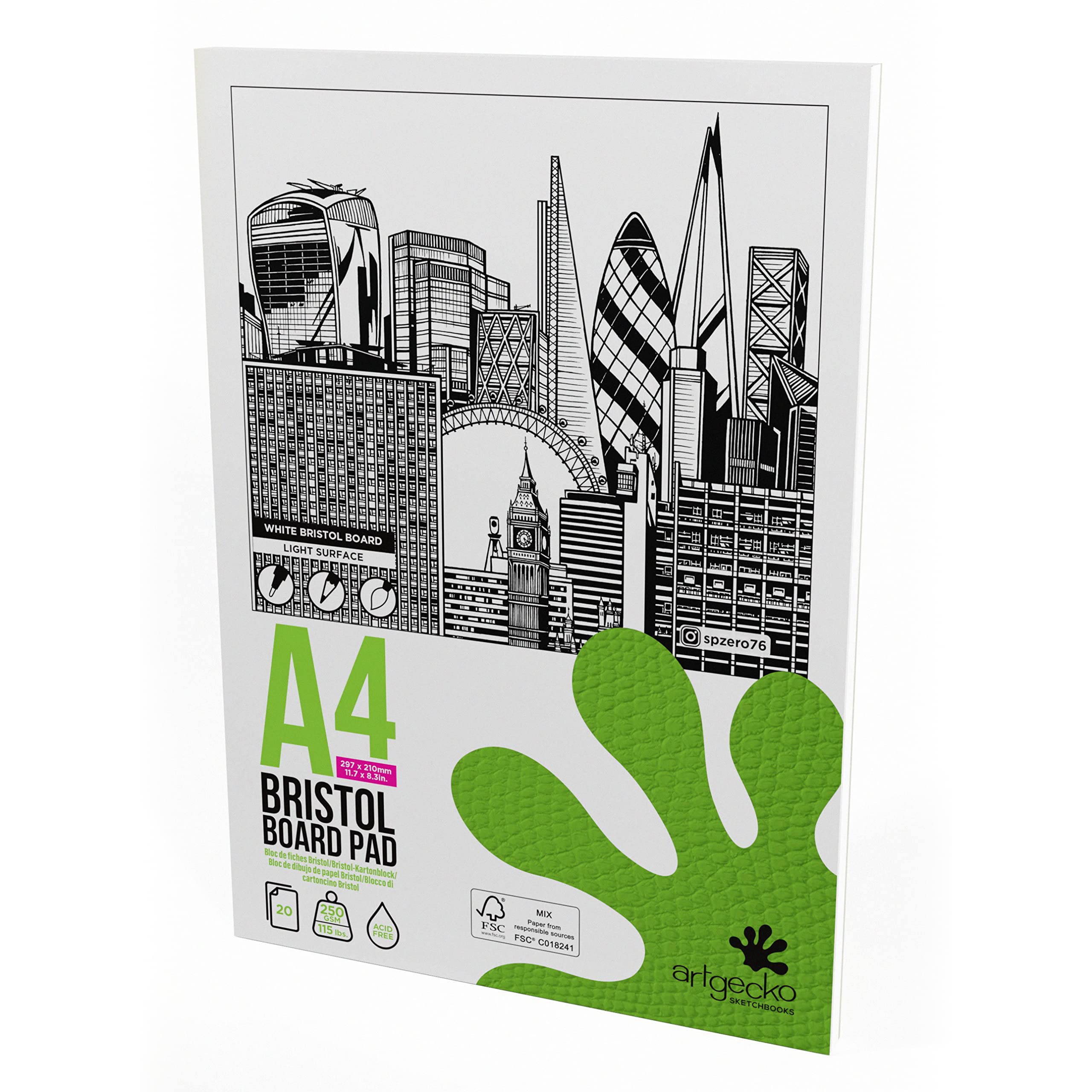 Artgecko Pro White Bristol Board Pad A4 Portrait - 20 Sheets 250gsm