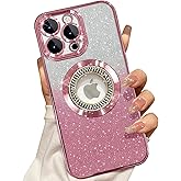 Misscase for iPhone 15 Pro Max Magnetic Glitter Case Compatible with MagSafe,Full Protection Slim Shockproof Anti-Scratch Case with Camera Lens Protector Logo View Dust-Proof Net for Women Pink