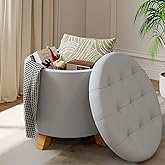 Skandiquip 18" Round Storage Ottoman,Tufted Upholstered Foot Stool with Reversible Tray Lid for Living Room Bedroom Office, Gray