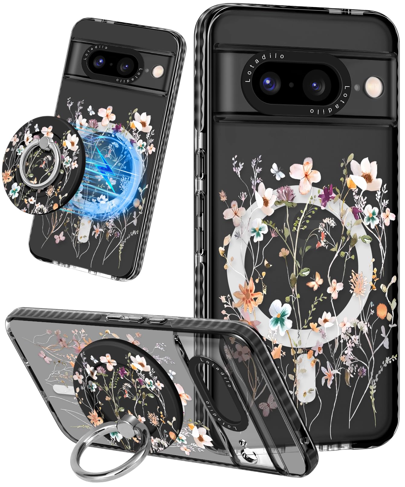 Photo 1 of Lotadilo Cute for Google Pixel 8 Case - Compatible with Magsafe Magnetic Ring Holder Stand Kickstand for Women Girls Girly Funny Fashion Pretty TPU Phone Covers Dried Flower Design