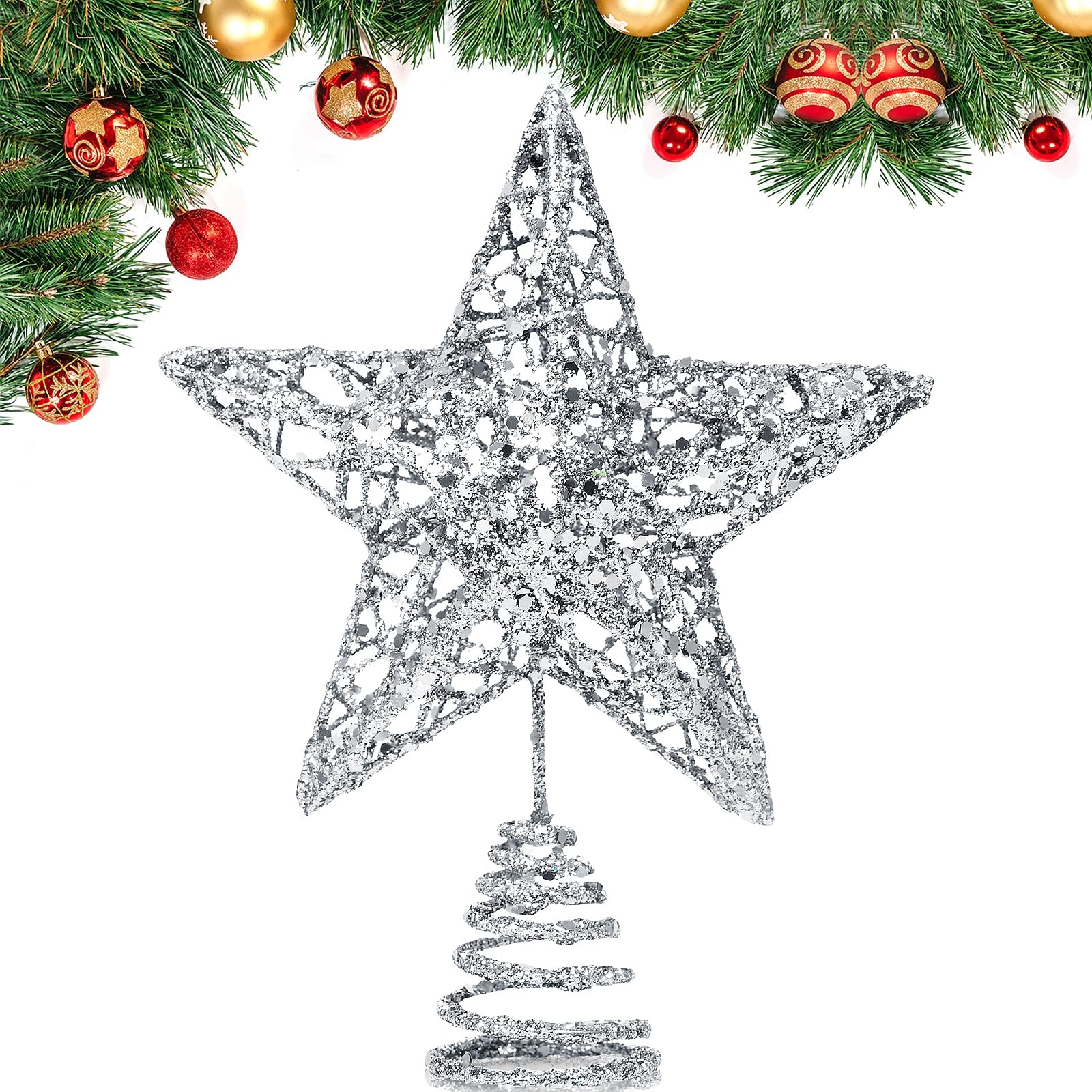 GXFCING Christmas Tree Topper, Silver Glitter Star for Christmas Tree, 3D Metal Hollow Tree Top Star for Xmas Tree Topper, Christmas Home Decorations, 8 Inch