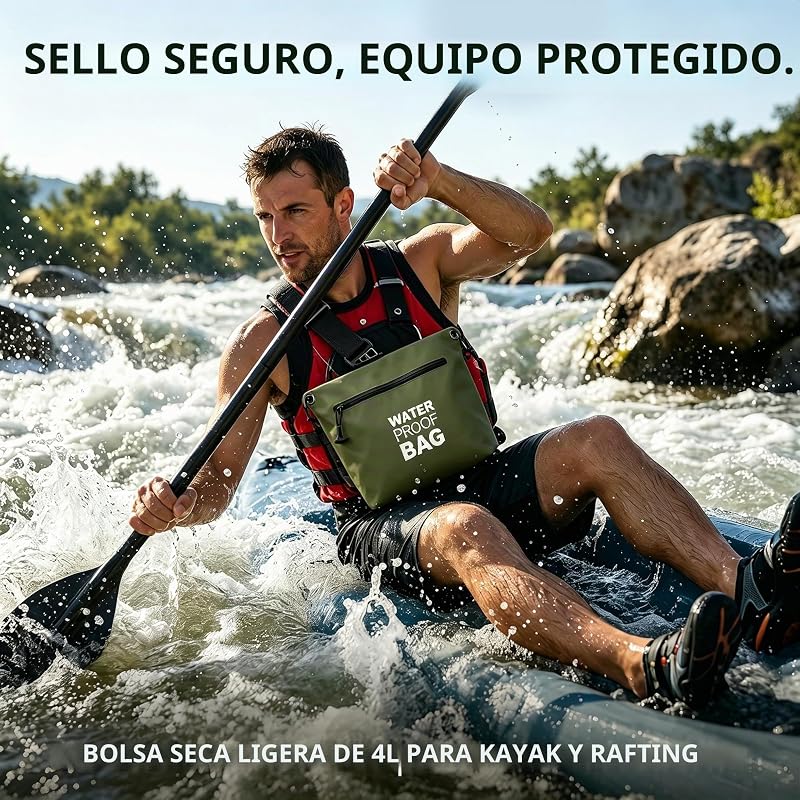 Bolsa Impermeable Bandolera con Cremallera Hermética, Bolsa Dry Bag Ligera con Correa Ajustable para Playa, Natación, Viajes y Uso Diario (Verde Militar)