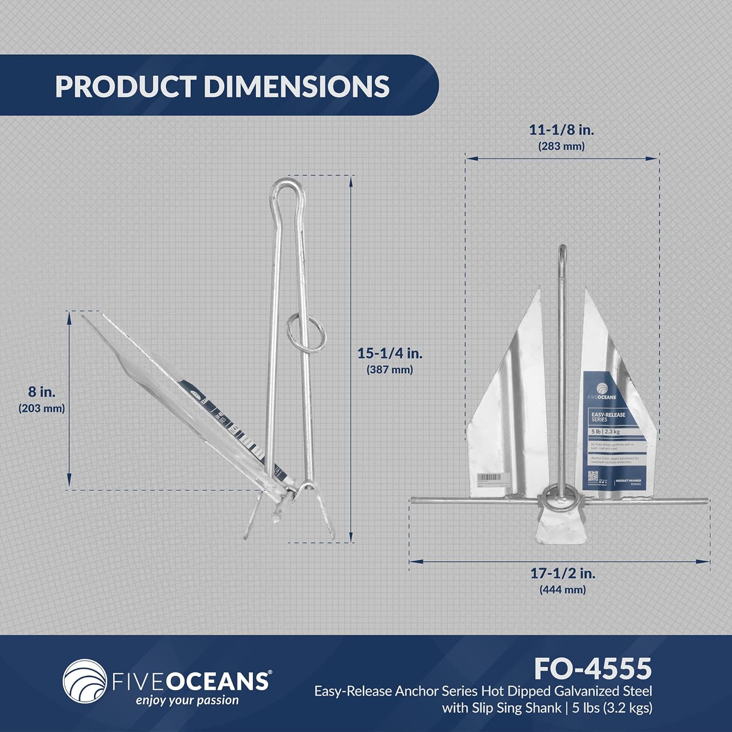 Five Oceans Easy-Release Danforth Anchor Series - Hot Dipped Galvanized Steel with Slip Ring Shank, 5 lbs, FO-4555 : Sports & Outdoors