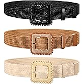 TRIWORKS 3 Pack Straw Woven Stretch Belt for Women,Raffia Elastic Belt for Dress Wide Boho Waist Belt with Square Buckle
