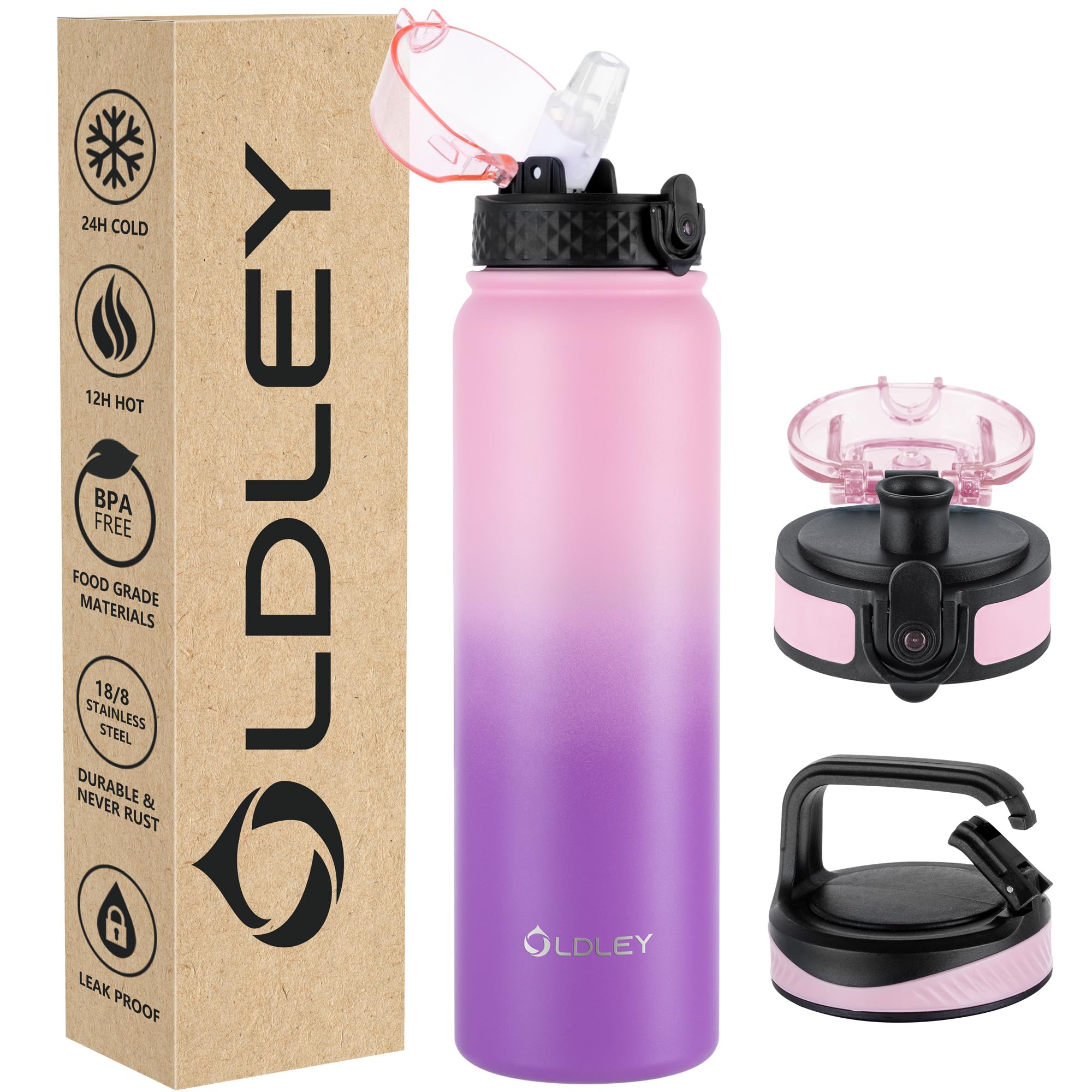 OLDLEY Stainless Steel Water Bottle with Straw 1L Vaccum Insulated Large Drink Flask Metal Water Bottles 1 Litre Leakproof Keep Drinks Hot Cold for Sports Gym with Different Lids(Pink Purple, 3 Lids) — image 1