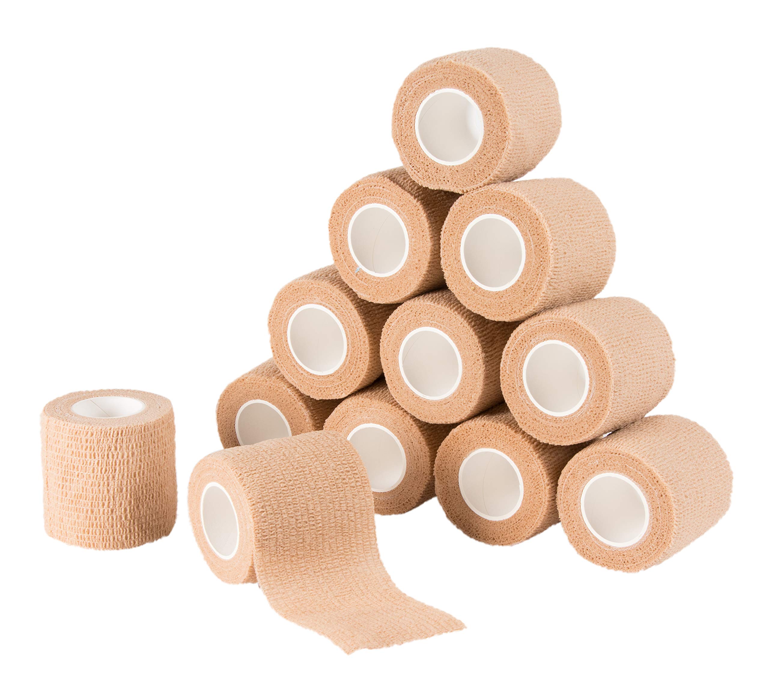 Self Adhesive Bandage Wrap, Cohesive Tape (Tan, 2 In x 5 Yards, 12-Pack)
