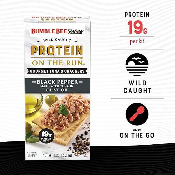 BUMBLE BEE PRIME PROTEIN ON THE RUN TUNA SNACK KIT – GOURMET TUNA MARINATED IN OLIVE OIL & BLACK PEPPER WITH CRACKERS AND SERVING UTENSIL – 19G OF PROTEIN PER SERVING