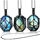 Kingdder Natural Labradorite Pendant Necklace, Hand-woven Rope Healing Crystal Stone Holder Necklace with Adjustable Length for Women Men