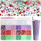 10000Pcs Christmas Flatback Pearls and Rhinestones for Crafting, Purple Red Green White 3-6mm Color Half ABS Flatback Half Pearl Beads Gems Bedazzling for Nails Art Crafts DIY Shoes Clothes Bags