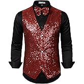 ZEROYAA Men's Sequin Vest Slim Fit 70s Shiny Waistcoat Bowtie Set Disco Prom Party Tuxedo