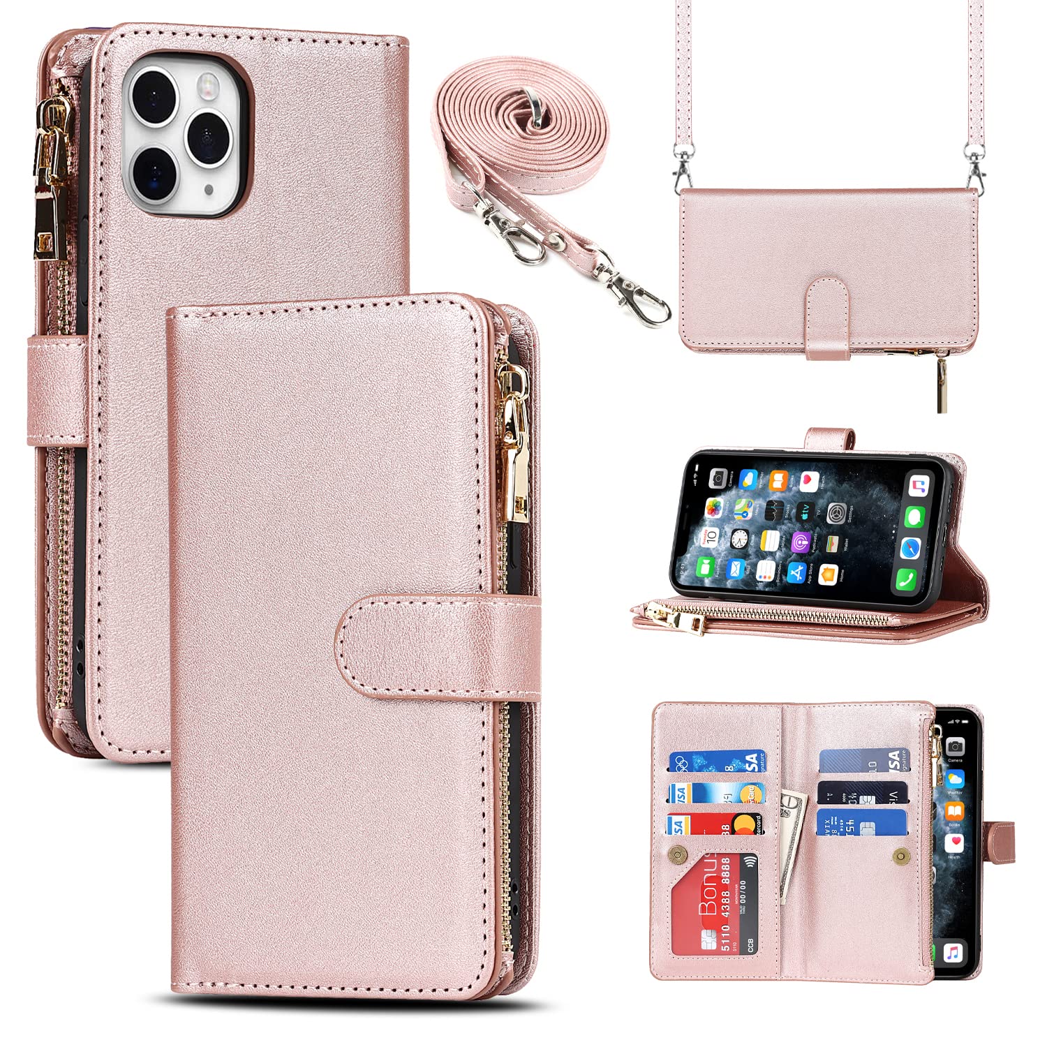 Cavor Crossbody iPhone 11 Pro Max Case With Card Holder With Strap,Flip Leather Wallet Case,[9 Card Holder] Zipper Detachable Lanyard Phone Case Cover for Women for iPhone 11 Pro Max - Rose Gold