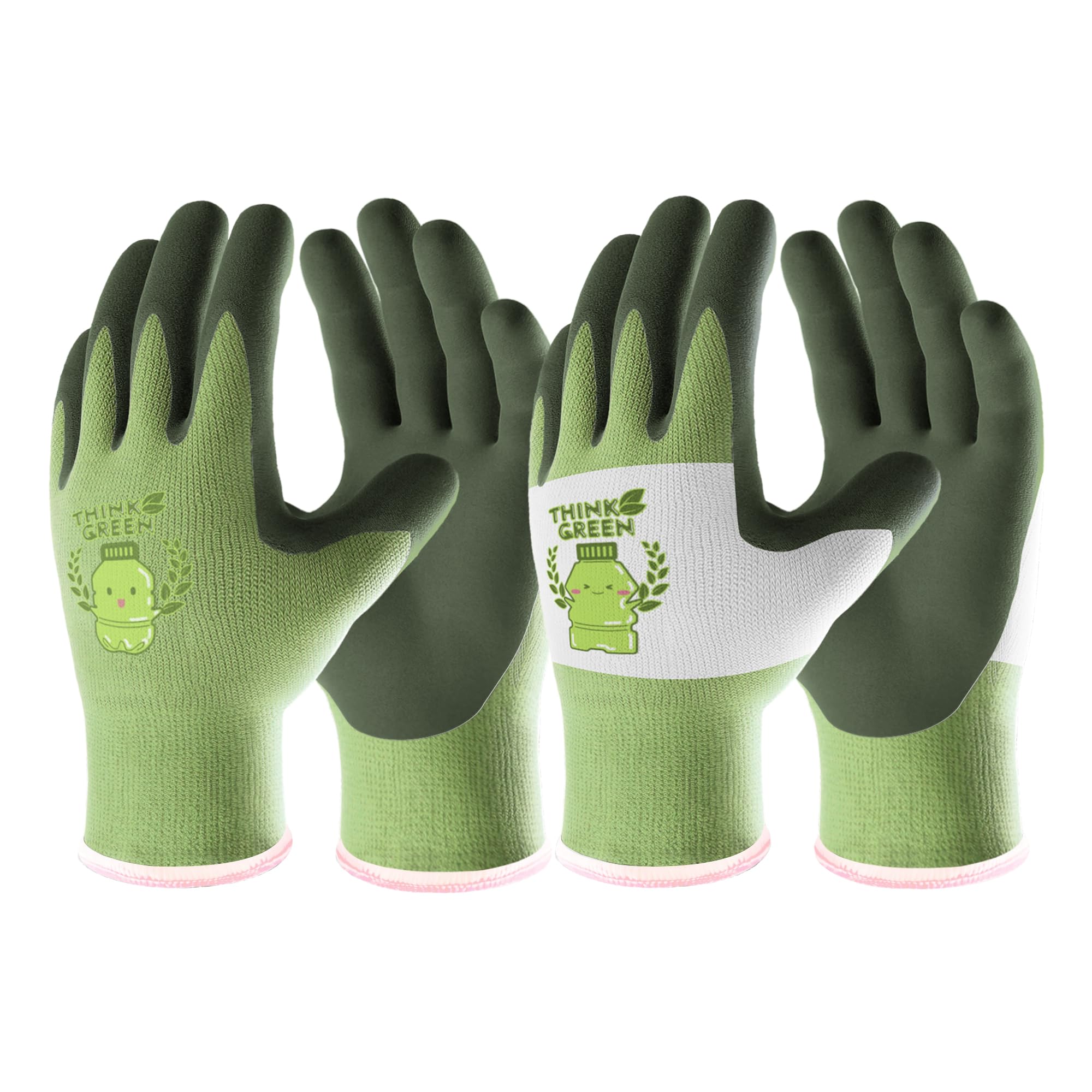 COOLJOB Kids Gardening Gloves for Age 2-5, 2 Pairs Recycled Polyester Toddler Gloves for Boys Girls, Breathable Rubber Coated Childrens Work Gloves with Non-Slip Grip, Green & White (2 Pairs XXS)