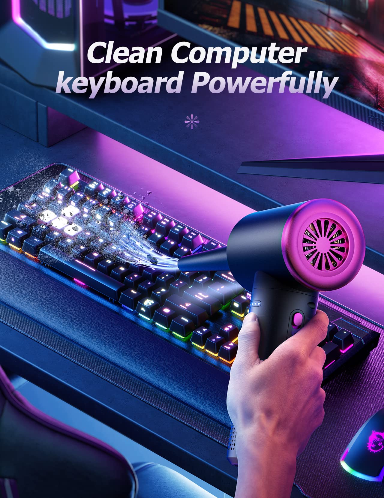 Evaline Compressed air Duster - 3 Gear Adjustable 100000RPM Electric with LED Light, Cordless Blower for Computer Keyboard Car Cleaning Kit 9000mAh Rechargeable Dust Remover, Black