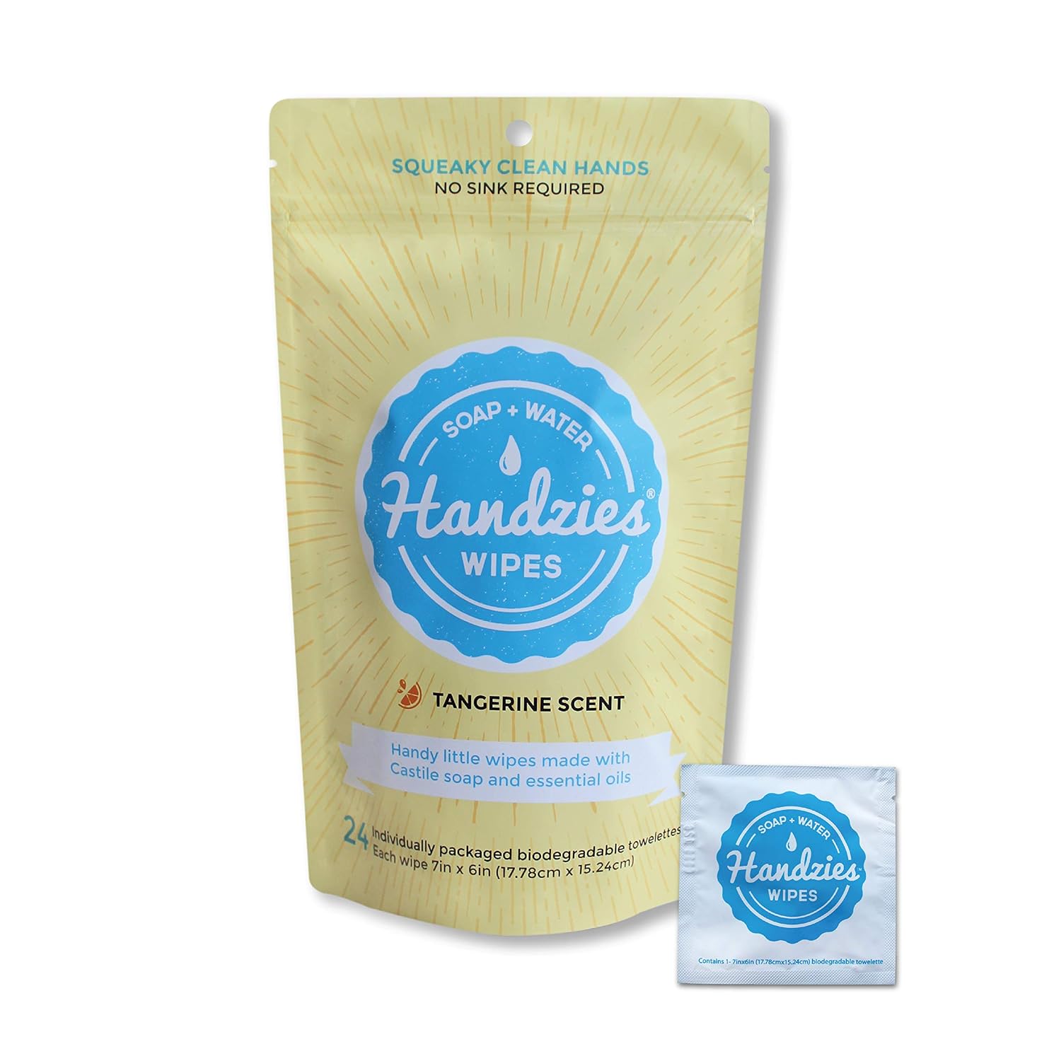 Handzies Natural Soap And Water Hand Wipes Individually Packaged Alcohol Free Hypoallergenic Tangerine Scent 24 Singles