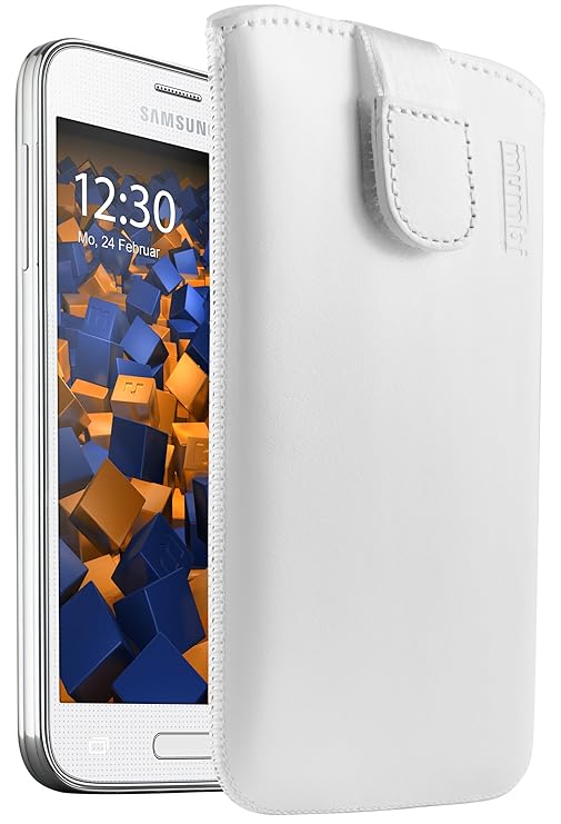 mumbi ECHT Ledertasche für Samsung Galaxy S5 Mini Tasche Leder Etui weiss (Lasche mit Rückzugfunktion Ausziehhilfe)