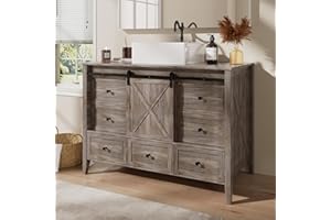 VNN Bathroom Vanity with Sink - 48 Inch Bathroom Vanity with Sink Ceramic, Freestanding Cabinet with Farmhouse Sliding Barn Door and 7 Drawers, Space-Saving Storage Cabinet, Wood Grain Texture, Grey