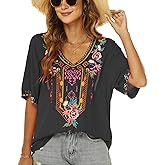 Higustar Women's Mexican Embroidered Tops Traditional Boho Peasant Shirts Summer Short Sleeve Tunics Blouses Hippie Clothes