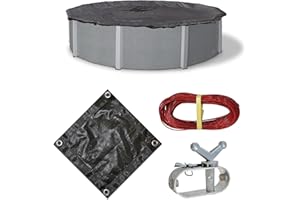 Blue Wave Rugged Mesh 24 ft 8-Year Above Ground Pool Cover for Winter – Fine Mesh Debris Barrier – 4 ft Overlap, Reinforced Grommets, Vinyl-Coated Cable, Metal Winch – Black Finish - BWC608