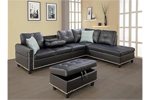 FANYE L-Shaped Modular Sectional Sofa Couch with Right Chaise, 5 Seaters Faux Leather Upholstered Corner Sofa&Couch W/2 Cup Holders and Storage Ottoman for Home Apartment Office Living Room Furniture Sets