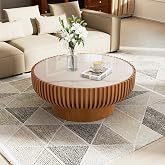 YYZIWYUN 31.5" Brown Round Fluted Drum Coffee Table | Drum Wood Center Table, Rock Slab Tabletop, Handcrafted Solid Wood Fluted Edge, Easy Assembly For Living Room &amp; Apartment