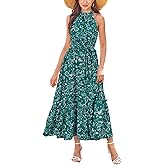 Newshows Womens 2025 Summer Vacation Outfits Halter Neck Floral Tiered Ruffled Flowy Casual Beach Boho Long Maxi Dress