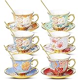 XRBEOU Tea Cups and Saucers, Tea Cup Set of 6, 8 OZ Floral Cups Porcelain Cup Set for Cappuccino, Coffee, Afternoon Tea Birthday Party Supply Housewarming Gift