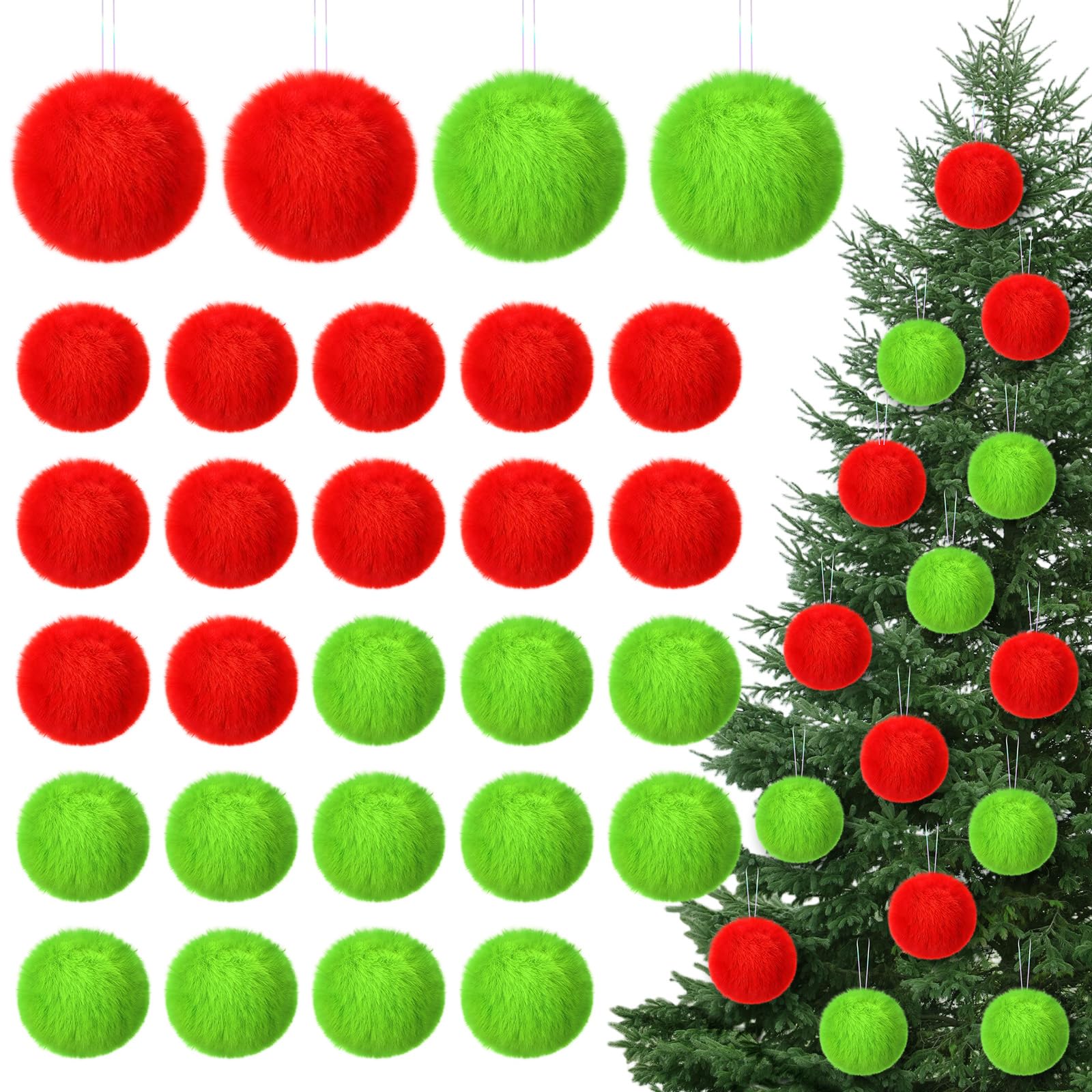 Photo 1 of 12Pcs Furry Christmas Ball Ornament for Xmas Tree Red Green Soft Faux Fur Pom Pom Ball Ornaments Green Christmas Tree Hanging Decorations for Winter Party Home Decor Costume Supplies