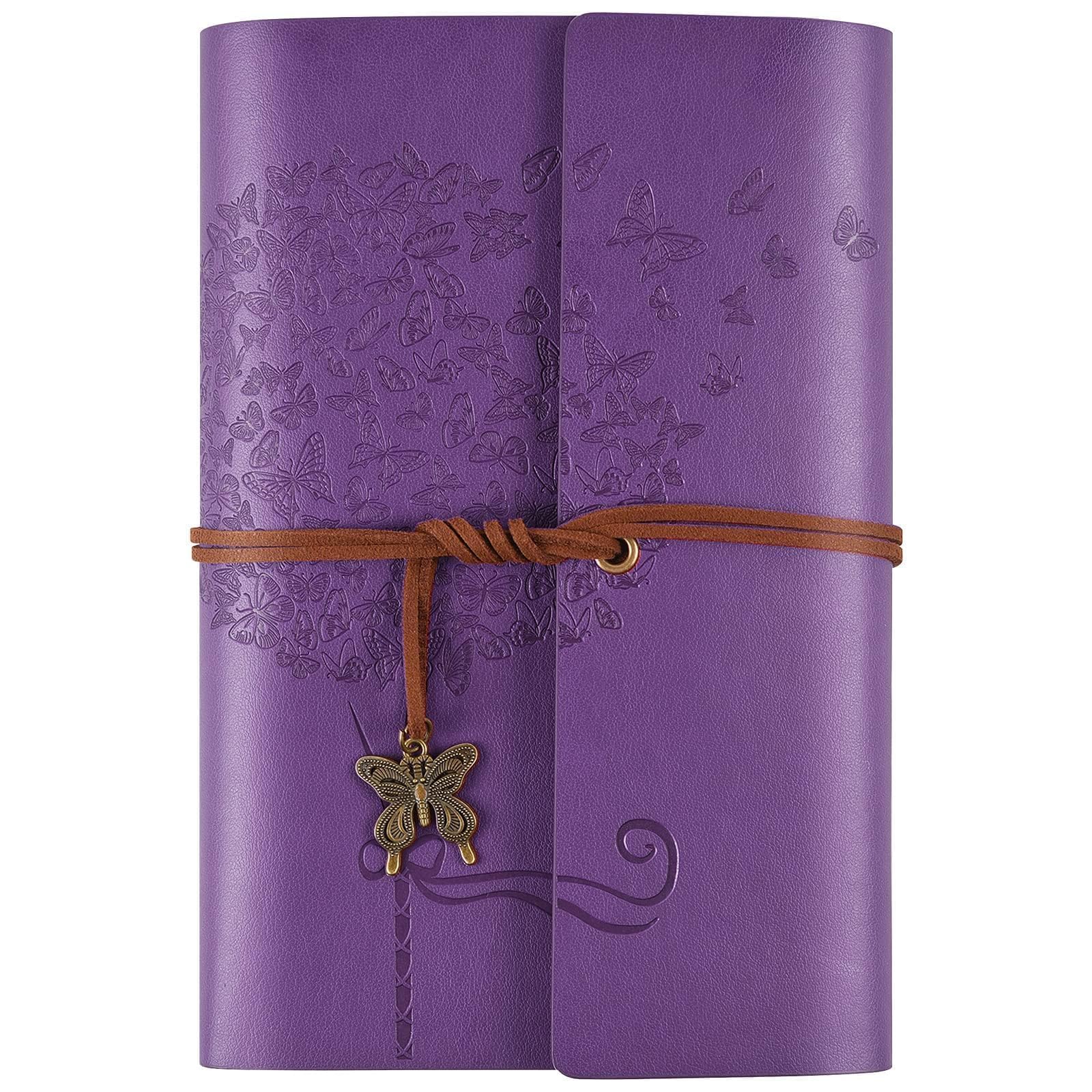 OMEYA Leather Journal Notebook, travel journals for women, refillable butterfly notebook lined personal diary writing notebook gifts A6 12.9 x 18.5cm (purple)