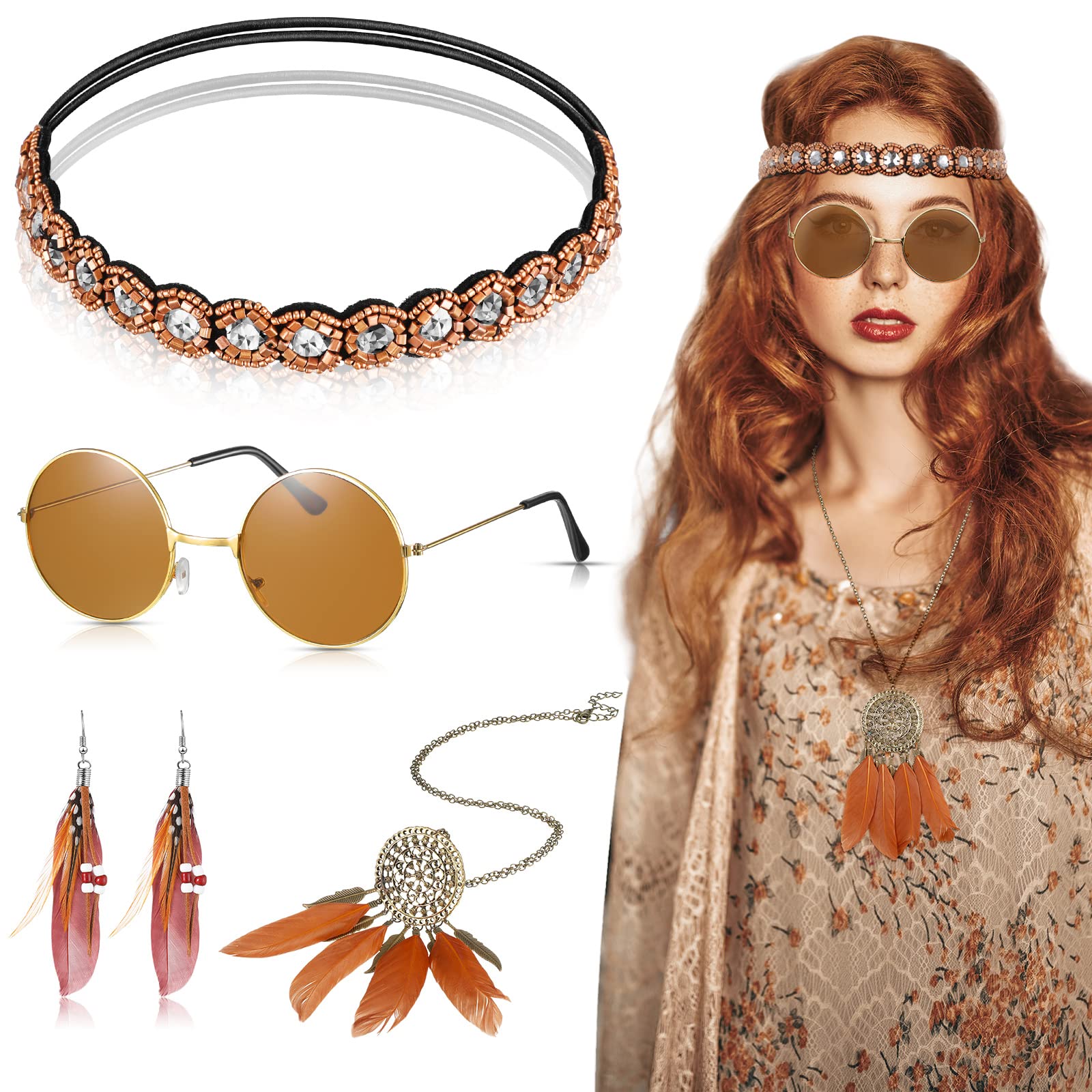 Herdear 4 Pcs Hippie Costume Women Accessories 60s 70s Fancy Dress Set Include Round Vintage Hippie Glasses Bohemia Crystal Headband Long Feather Necklace Boho Earrings for Girl Lady Cosplay (Retro)