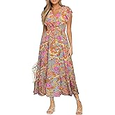 BerryGo Womens Summer Floral Maxi Dress Casual Boho V Neck Ruffle Short Sleeve Beach Long Dresses with Pockets