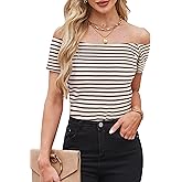 LilyCoco Off The Shoulder Tops for Women Striped Short Sleeve Sexy Going Out Top