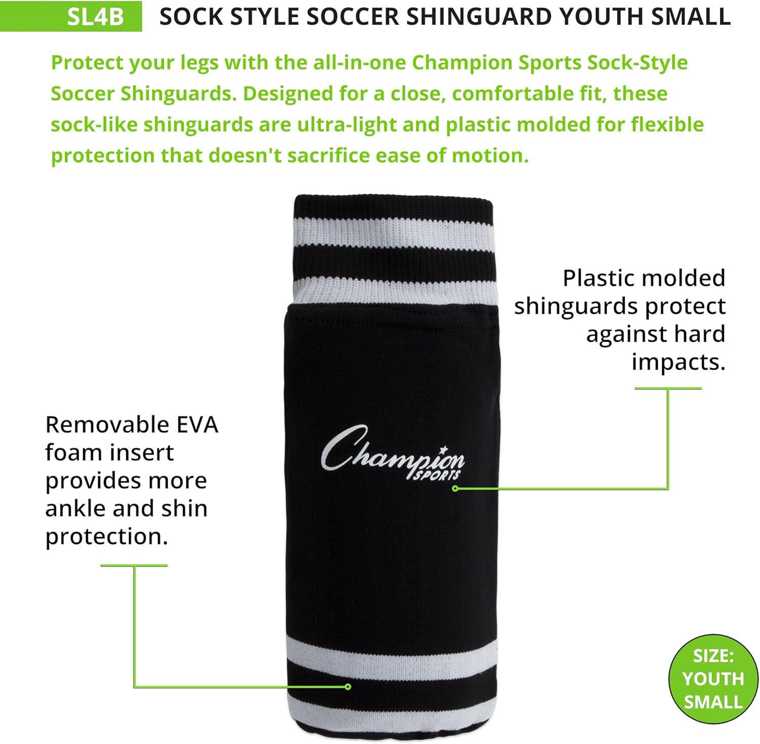 Champion Sports SL4B Youth Sock Style Soccer Shin Guards - Ages 4-6, Black, Small : Soccer Shin Guards : Clothing