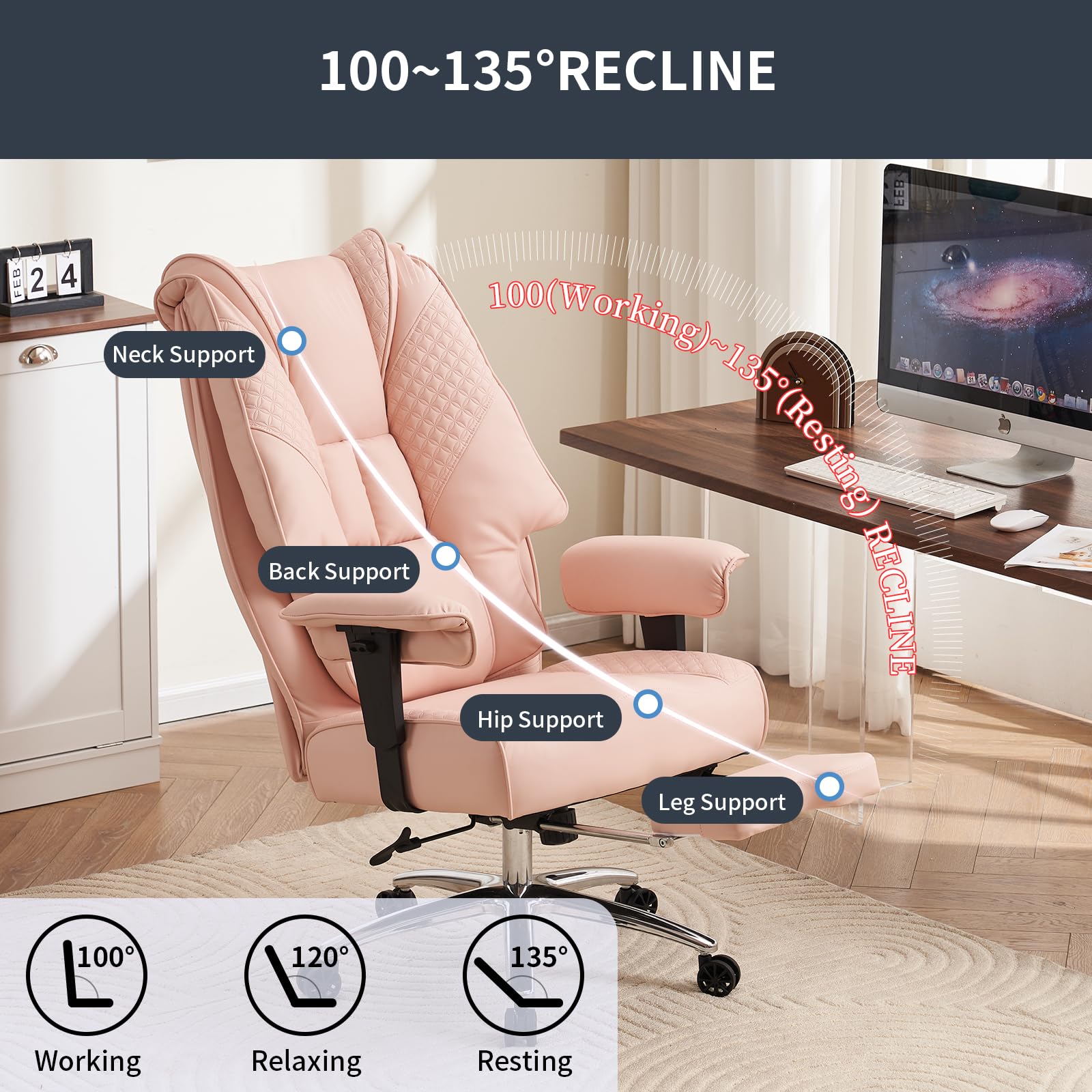 EXCEBET Big and Tall Office Chair 400lbs Wide Seat, Leather High Back Executive Office Chair with Foot Rest, Ergonomic Office Chair Lumbar Support for Lower Back Pain Relief (Light Pink) - Image 4