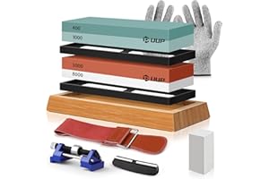 9PCS Knife Sharpening Stones, UUP Whetstone Sharpener Kit with Premium 4 Sides 400/1000 3000/8000 Grit Wet Stone Set, Leather Strop, Angle Guide, Flattening Stone, Gloves, Honing Guide for Knives